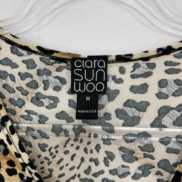 Clara Sun Woo Medium Black Brown Leopard Print Ruffle Detail V neck Stretch Top - Picture 8 of 10